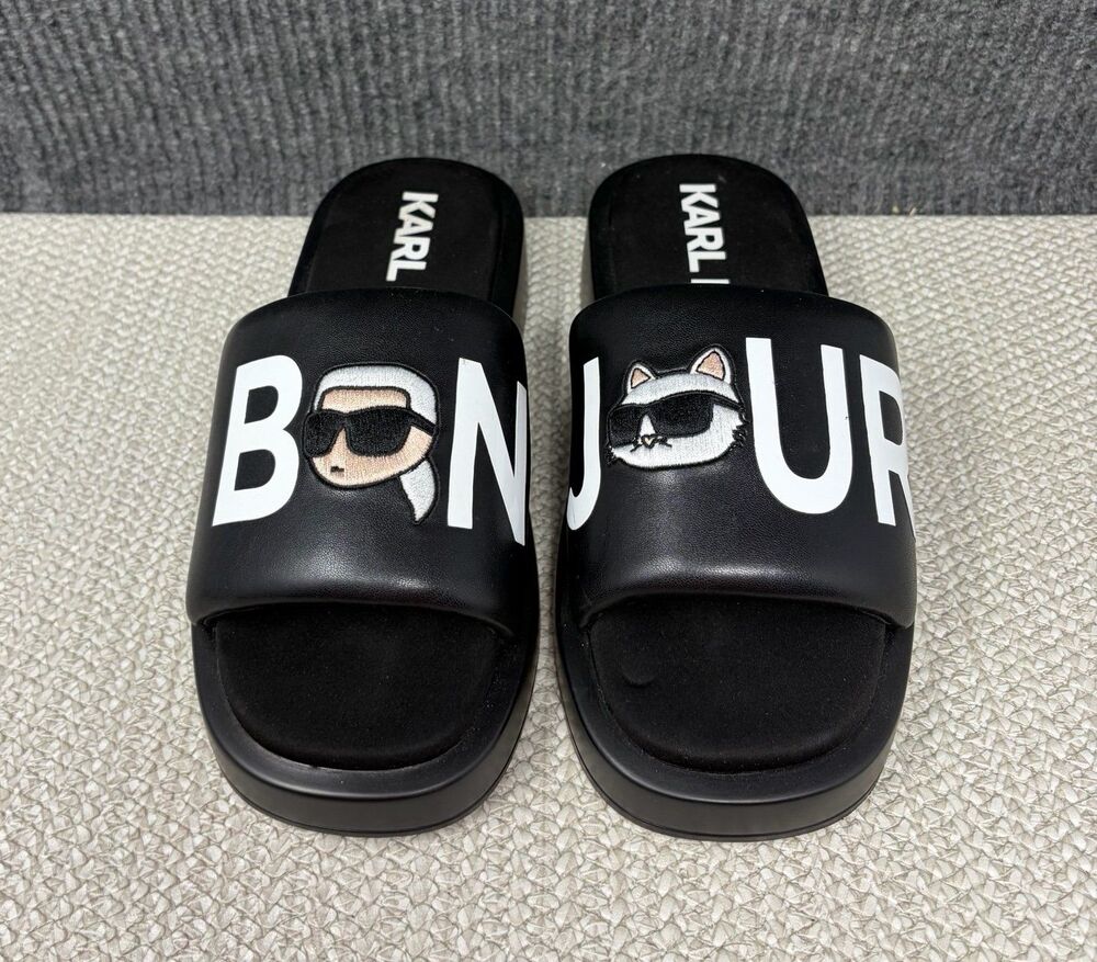 Karl Lagerfeld Paris Opal Bonjour Platform Slide Sandals Black Leather Size 8.5